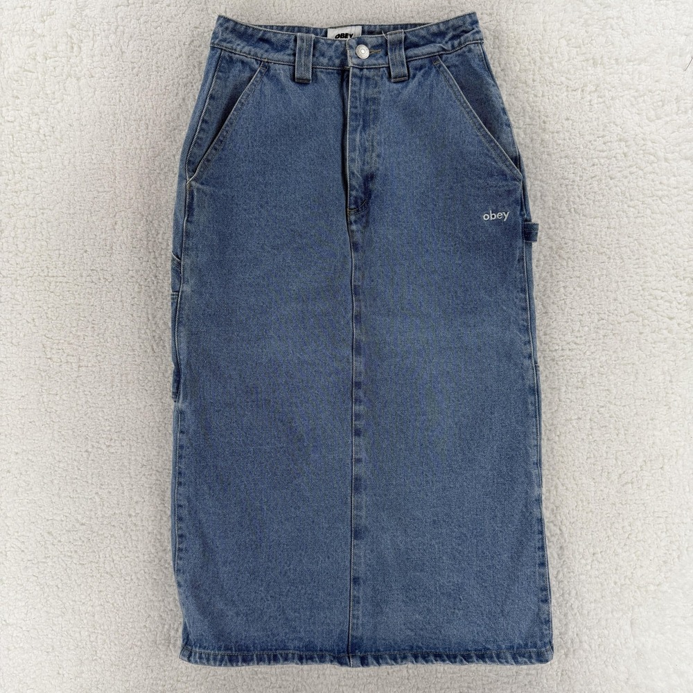 Obey Skirt Womens 24‎ Blue Denim Cargo Utility Midi Pockets Embroidered Logo